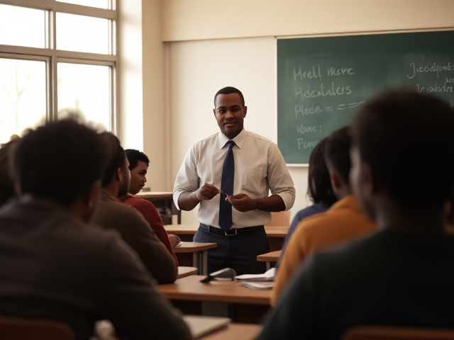 Un enseignant afro américain au milieu d'élèves afro-américains dans une salle de classe, ambiance studieuse et chaleureuse, tableau noir avec écriture visible, lumière naturelle entrant par la fenêtre