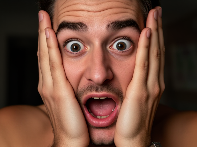 a sexy man with hands on his face. eyes wide and mouth wide in surprise. wearing clothes. looking at the viewer. hi res/ photorealistic with bright vibrant colours.