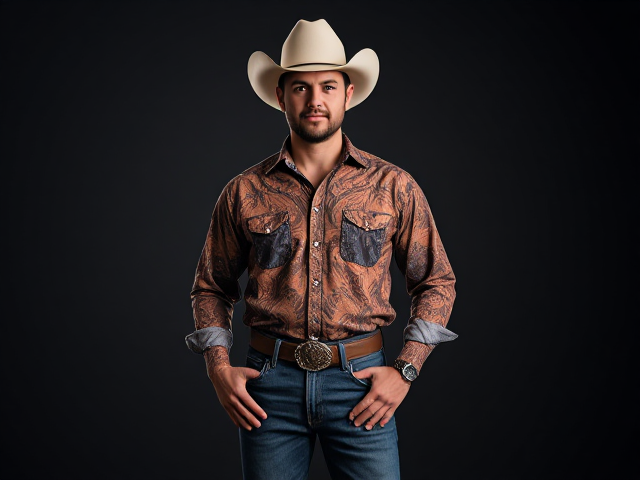 Full portrait of Man wearing fancy country shirt, jeans, cowboy boots and cowboy hat