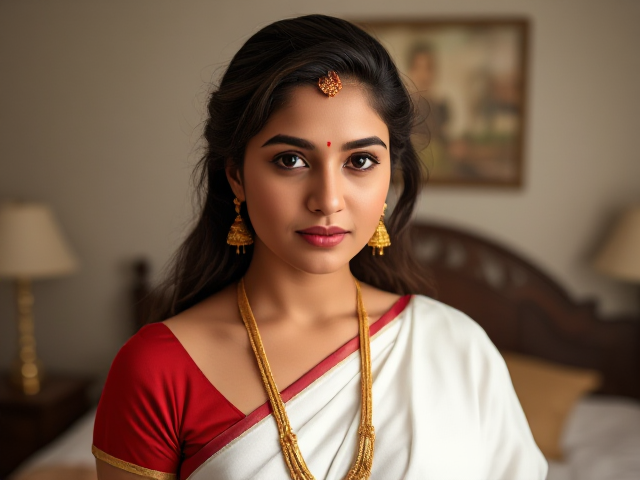 Indian woman with brown eyes, brown hair in a bedroom with a  full white saree on and gold bangels, earrings, rights, and anklets, moles on cheek and forehead