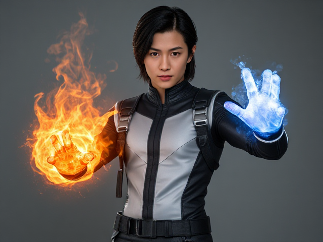 Young adult male with medium to long black hair with futuristic style clothing with special powers with his left arm shooting ice and his right arm shooting fire