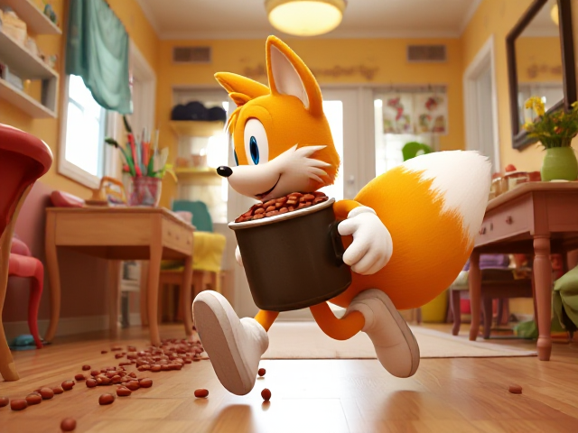 A side shot of a young and adorable depiction of a smaller, younger version of Miles "Tails" Prower the two-tailed fox wearing gloves and white socks. He is running through a brightly lit, colorful house with playful decorations and furniture, carrying a GIANT pot of baked beans that he didn't steal. Beans are splashing out of the pot as Tails mischievously looks behind him to ensure he isn't being chased. His two fluffy tails are flowing behind him dynamically, adding to the sense of motion and excitement in the scene. Tails is farting as he flees the scene