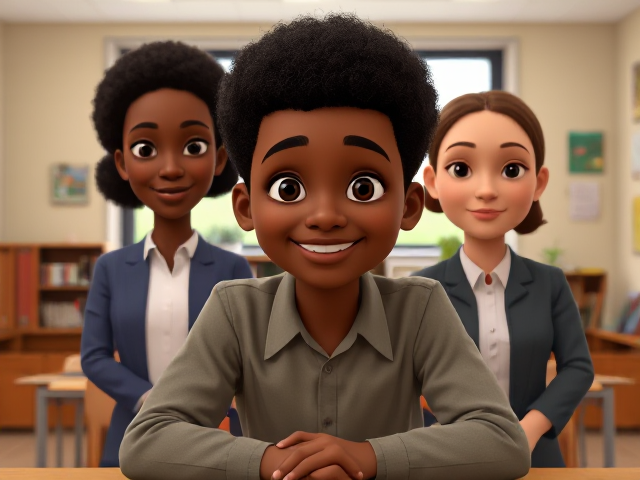Parents afro-américains d'un élève dans le bureau du directeur d'école, ambiance chaleureuse et bien éclairée, décoration scolaire en arrière-plan, expressions faciales engageantes et concernées, mobilier en bois verni, fenêtre avec lumière naturelle, posters éducatifs colorés sur les murs