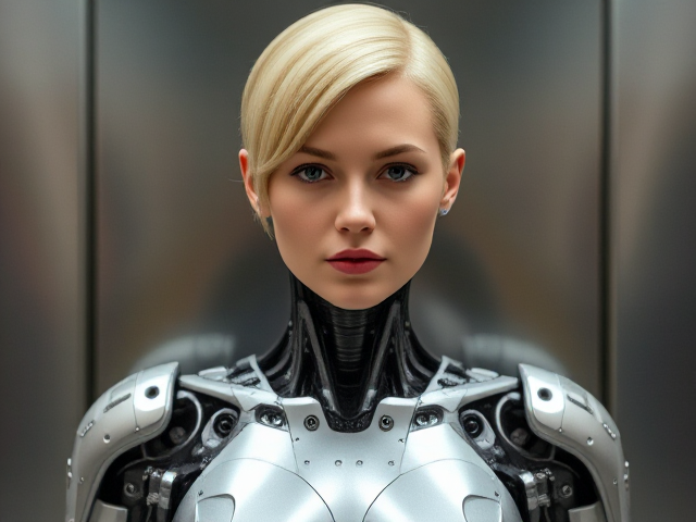 Futuristic fembot with a blonde human-like head and detailed robotic torso, featuring intricate mechanical designs and realistic facial features, set against a sleek metallic background