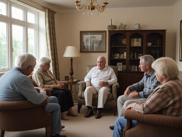 establishing shot of a retirement home filled with old people