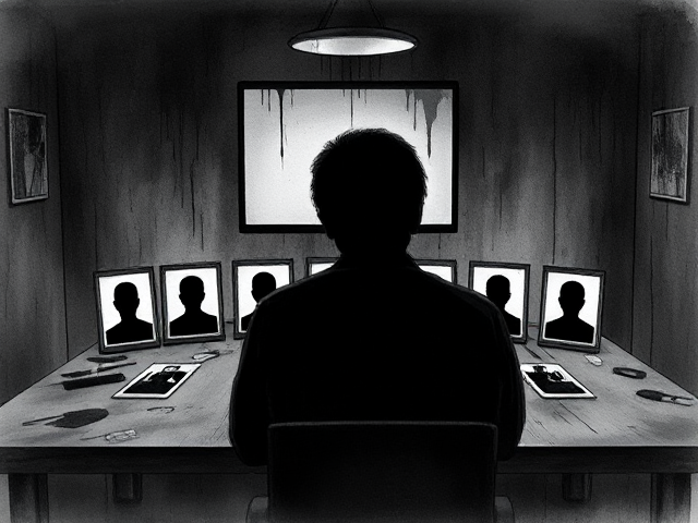 Create an image of a police investigation room that shows 8 photos on the table but the pictures should only have head icons in black. Have a person's silhouette looking at it