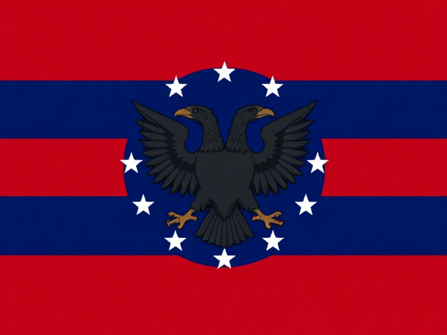 Le drapeau des Nouveaux États-Unis est dominé par les couleurs bleu nuit et rouge foncé, avec une présence minimale de blanc. Il se compose d’un fond structuré en plusieurs bandes horizontales, dont une très large bande centrale bleue, encadrée par une série de bandes rouges plus fines en haut et en bas. Ce bleu profond occupe la majeure partie de l’espace afin de mettre en valeur un cercle complet d’étoiles blanches (environ 13 à 20, selon la symbolique choisie), parfaitement réparties autour de l’emblème central. L’emblème est un aigle bicéphale, stylisé, sans couleur : entièrement noir ou gris très sombre, pour rappeler la brutalité et la froideur du régime. Ses deux têtes regardent dans des directions opposées, et son corps massif est constitué de formes nettes, anguleuses et effilées, avec des plumes pointues, presque métalliques. Son allure générale inspire la terreur : les becs sont légèrement entrouverts, les yeux sont creusés et inexpressifs, et l’ensemble évoque une autorité implacable. L’aigle ne tient rien dans ses serres, mais celles-ci sont immenses, tendues vers l’avant, prêtes à frapper ou à saisir, accentuant l’idée de menace permanente. Ce drapeau, au style brutalement géométrique et oppressant, incarne un empire né d’un nationalisme corrompu, militarisé et froidement organisé.