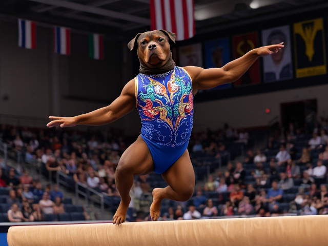 Anthropomorphic Rottweiler with a muscular physique, wearing a vibrant, intricately designed gymnastics leotard adorned with sparkling sequins and colorful patterns in shades of blue, gold, and red. The leotard fits snugly against the dog's toned body as it performs an extraordinary and complex routine on the balance beam, showcasing a series of flips and pirouettes. The scene captures the dog's impressive agility and strength; its expressive eyes showing fierce determination and unwavering focus. The detailed fur texture is rendered with lifelike realism, each strand of fur visible with subtle highlights under the gymnasium lights. The well-lit gymnasium setting includes a captivated audience, some with cameras flashing, seated in stadium-style seating that stretches into the background. Banners and flags from different countries hang overhead for added authenticity; vibrant posters line the walls depicting various gymnastics legends