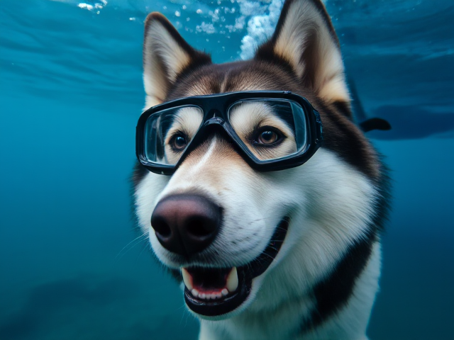 An Alaskan malamute wearing Freediving goggles underwater