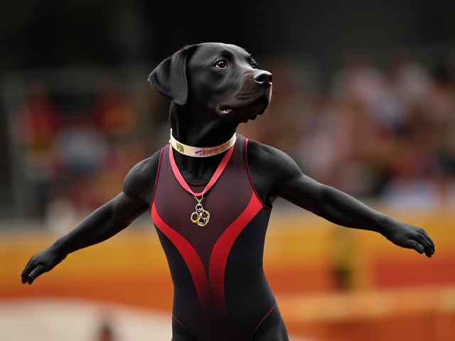 A anthropomorphic black Labrador retriever Olympic gymnast wearing a leotard