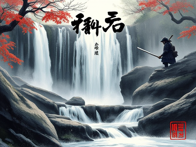An image of a Japanese Waterfall with a Samurai in the background with the phrase "dragon warrior" Japanese art brush style of Katanas