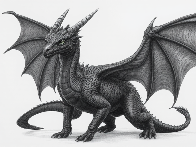 Young Female dragon with dark, midnight blue scales and obsidian black wings; obsidian black underbelly and clawed feet. She has small spikes that align from her head horns down to her back jaw. Her eyes are venom green. Narrow, beautiful face and an elegantly long neck. Has ears like a horse. Powerfully and dominantly built with taut muscles under her scales. She moves purposefully and proudly; has an expression of maturity and seriousness in her face