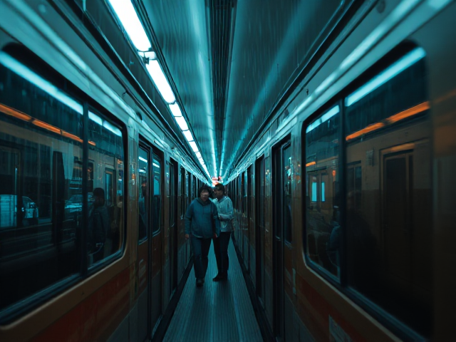 Une photo d'un métro sous la pluie, avec un flou de mouvement et des reflets sur les fenêtres. Des personnes marchent le long du train, et les lumières de la ville créent un mélange de tons orange et bleu sarcelle, donnant à l'image une ambiance cinématographique.