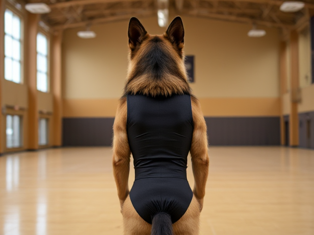 A anthropomorphic long haired German shepherd wearing a gymnastics leotard in a gymnasium