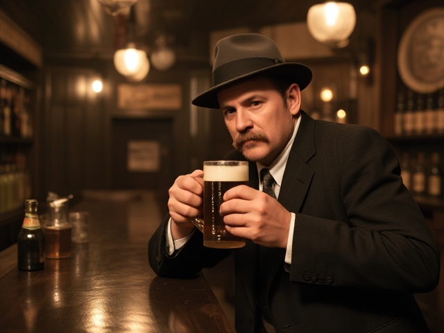 Realistic 1913 photo of a 55 year old, skinny German man, moustache, bowler derby hat, wearing suit, standing at the end of a dark wood bar drinking a mug of beer in an old darkened saloon at night.
