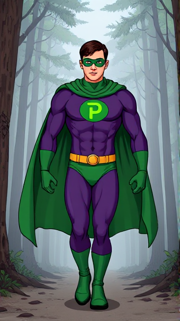 Cartoon scene: A young, Autistic 25-year old boy with light skin and flat, smooth, and slick brown hair named T.J. Granger, but transformed into a genetically-altered superhero named Powerman, who, despite still being a young adult kid, has an extremely muscular body. He wears a sleek purple suit with a green P symbol on his chest, a gold belt with a circular buckle, green briefs, green boots, green long-cuffed gloves, a really big, heel-length long, ultra-wide green cape wreathed around his neck, and a green eye mask that protects his true identity. He also has incredible and invincible superpowers flowing through his veins. In this scene, Powerman is currently walking through a foggy forest, searching for a lost citizen to rescue.