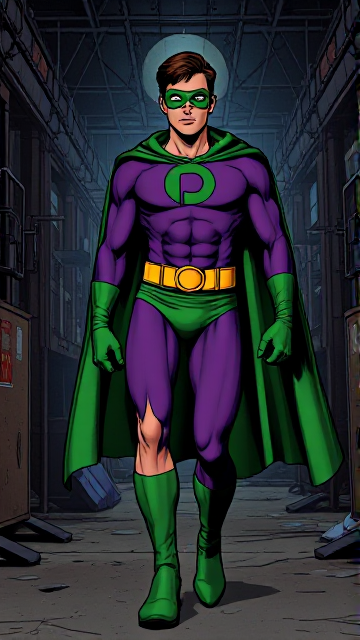 Dramatic Comic Book scene: A young, Autistic 25-year old boy with light skin and flat, smooth, and slick brown hair with a singular curled bang in the shape of a P sticking out at the front named T.J. Granger, but transformed into a genetically-altered superhero named Powerman, who, despite still being a young adult kid, has an extremely muscular body. He wears a sleek purple bodysuit with a green P symbol on his chest, a golden belt with a circular buckle, green briefs, green boots, green long-cuffed gloves, a really big, toe-length long, ultra-wide green cape wreathed around his neck, and a green eye mask that protects his true identity and also causes his pupils to magically disappear as his eyes glow an eerie white. He also has incredible and invincible superpowers flowing through his veins. In this scene, Powerman is currently walking through a dark, abandoned laboratory at night, looking for clues to the mystery he is trying to solve.