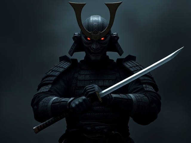A Ghost of Tsushima art style image of a dark, menacing samurai warrior in full battle armor stands ready, gripping his katana with both hands. The samurai’s face is hidden behind a fearsome mask with glowing red eyes. The background is shadowy and atmospheric, creating an ominous and intense mood. The image should be stylized in dark tones, with a focus on the samurai's details, including worn armor and the menacing aura around him.