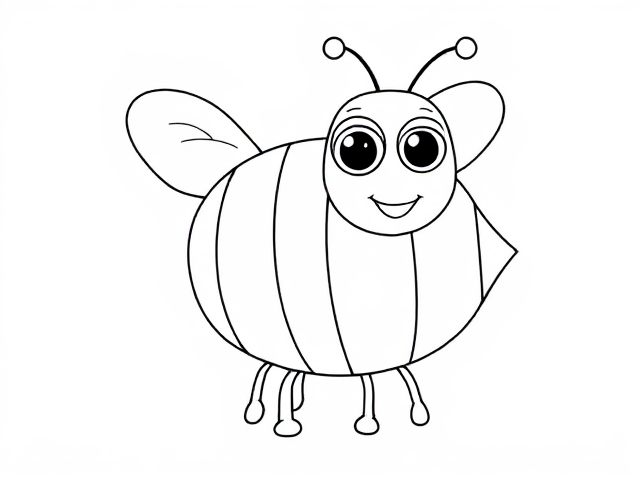 A cartoon-style bee with large, expressive eyes, a friendly smile, and small wings. The bee has a round, slightly fluffy body with visible stripes. Design features include smooth, clean, bold outlines for a children's coloring book. Wings are slightly raised, antennae are playfully curved. Full body in standing or flying pose on a plain white background. No shading or colors; lines thick for easy coloring. The bee's legs are short and stubby, adding to its cuteness. Each stripe on the body is distinct and evenly spaced; the wings have simple vein patterns to add interest without complicating the design.