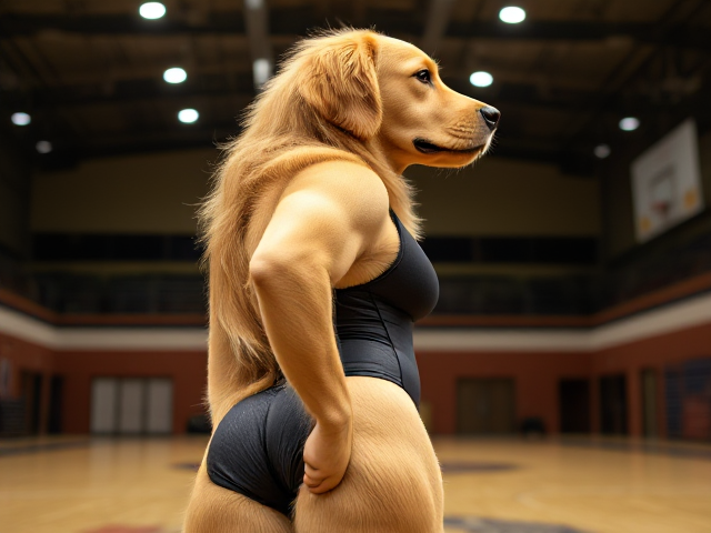Anthropomorphic golden retriever with prominent hips, wearing a stylish swimsuit, set in a detailed and vibrant gymnasium environment, showcasing dynamic lighting and textures