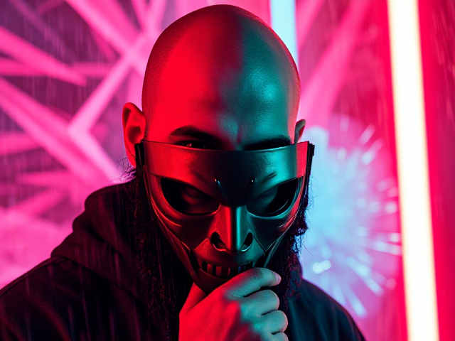 A bald young Muslim man with a bushy beard holding a samurai mask close to their face. Neon lighting in shades of red, pink, and blue adds a vivid, cyberpunk aesthetic to the scene. The background features dynamic, abstract patterns and splashes of glowing, energetic lines, enhancing the fierce and mysterious atmosphere. Rain effects add to the dramatic tone, with raindrops cutting through the vibrant lighting.