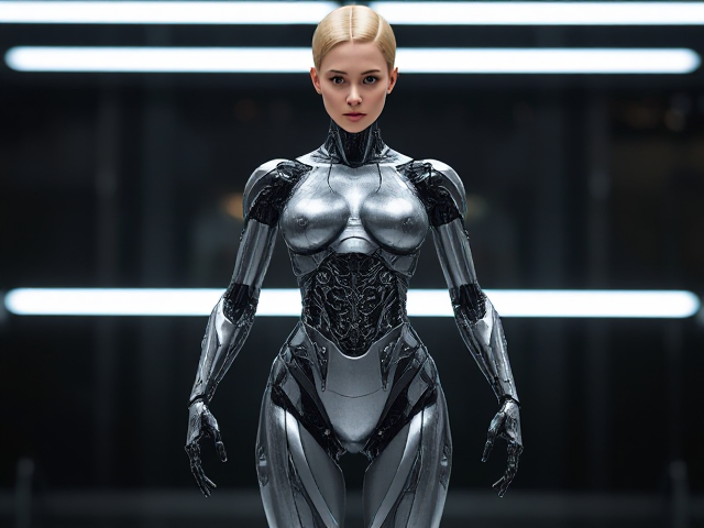Futuristic humanoid female robot with sleek metallic body, intricate circuit internals, blonde, head torso, legs, computer