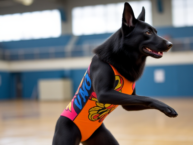 Anthropomorphic black German shepherd in a colorful gymnastics leotard performing in a gymnasium, dynamic pose, detailed fur, vivid colors, expressive eyes