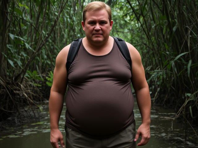 a middle-aged man with a sturdy, heavyset build, standing in a swampy jungle. His facial expression is now serious and focused, with no trace of the friendly smile seen before. His short, light brown hair, streaked with some grey, is slightly damp, likely from the humid environment. His broad face is accented by his rounded jawline and slightly flushed cheeks, reflecting the physicality of his surroundings.
He is wearing a sleeveless shirt that clings tightly to his torso, particularly around his chest and prominently rounded belly. The fabric stretches snugly over his midsection, outlining the distinct curve of his stomach, which protrudes noticeably outward. The tightness of the shirt emphasizes the weight he carries in his abdomen, drawing attention to its fullness and the slight tension at the seams around his sides. His broad shoulders and stocky arms are exposed, showing a blend of strength and softness.
He pairs this with sturdy workpants, which fit securely around his waist and slightly loose through the legs, designed for durability in rugged conditions. The pants are slightly muddied and damp at the hems, reflecting the swampy, humid terrain. The background is dense with tangled vines, tall trees, and patches of murky water, creating a humid and intense atmosphere. His stance is purposeful and steady, as if preparing for a physically demanding task or training session amidst the wild. The sweat on his brow and his resolute expression convey determination and focus. He Carrie’s a young teen male on his back