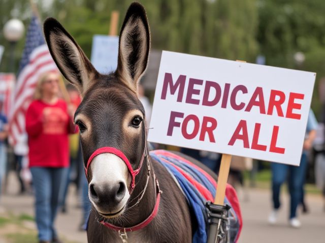 A donkey holding up a Medicare for All protest sign