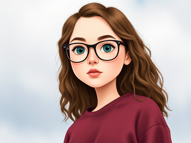 Pale petite teen girl, teal eyes, long curly brown hair, freckles over her nose, pouty lips. Wears glasses and a burgundy sweatshirt