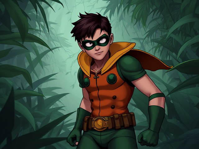Robin from Teen Titans in a jungle, cold color palette, muted colors, detailed, 8k