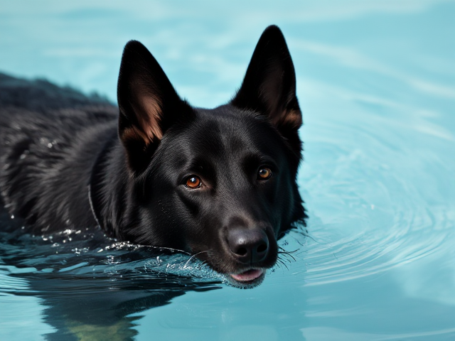 A anthropomorphic black German shepherd solo artistic swimming