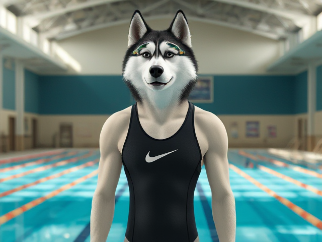 A tall anthropomorphic Siberian husky with a long torso and broad shoulders wearing a high cut Nike one piece swimsuit and swimming goggles at a high school swimming pool
