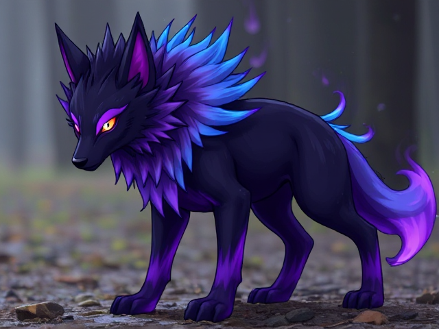 Pokemon. Looks like zacian. Purple fire. Badass looking. Spikey hair. Colored purple blue red and teal Looks way more like a full grown wolf/hound now. big and intimidating almost to an adult but not quite yet. Third form. A little more developed than the last. Third eye starting to form but not quite in the middle of head . Translucent fire now flow over both the eyes. Body stays blackish purple