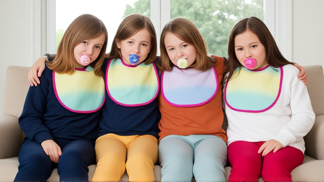 Quatre filles adolescentes aux cheveux lisses et dégagé et de différentes couleurs a l'avant assis dans un canapé avec des grands bavoirs multicolore et des tétines en bouches elles ont des pull de différentes couleurs que les Bavoirs et avec des pantalons elle se font un gros câlin et il y a une grande fenêtre derrière le canapé