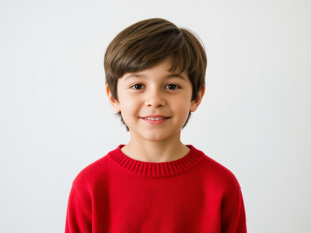 A portrait of a boy named Terrance wearing a red sweater, with medium-length hair. He is standing in soft natural light, friendly expression, realistic style.