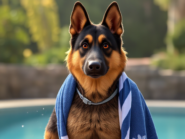 A tall anthropomorphic German Shepherd wearing a adidas swimsuit drying off with a towel Seed 27826409