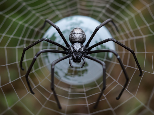 une araignee de métal vue de face tissant sa toile autour du globe terrestre en allusion au web