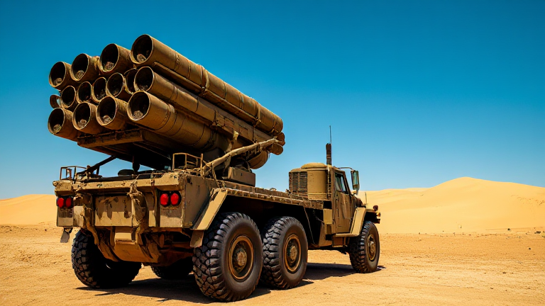 Iranian military missile launcher, highly detailed, rugged military vehicle, desert background with sandy dunes and rough terrain, clear blue sky, realistic and natural lighting, visible wear and tear on the vehicle, intricate surface textures, shadow play from the sunlight