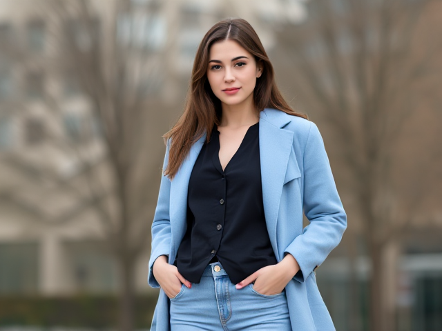 A brunette wearing a light blue coat and light blue jeans with a black vest