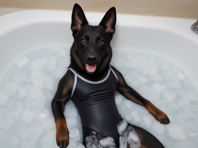 A anthropomorphic black German shepherd wearing a gymnastics leotard in a bathtub full of ice