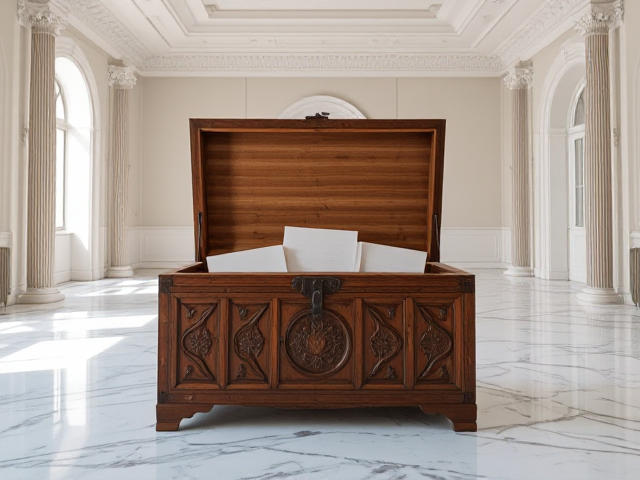 peux tu me generer une image qui montre seulement un coffre en chene avec des motifs ouvert avec des feuilles de papiers dépassant légerement du coffre au milieu d'une pièce au haut plafond blanc avec la lumiere du soleil traversant les fenetres avec un sol en marbre, seul le meuble est présent dans la pièce