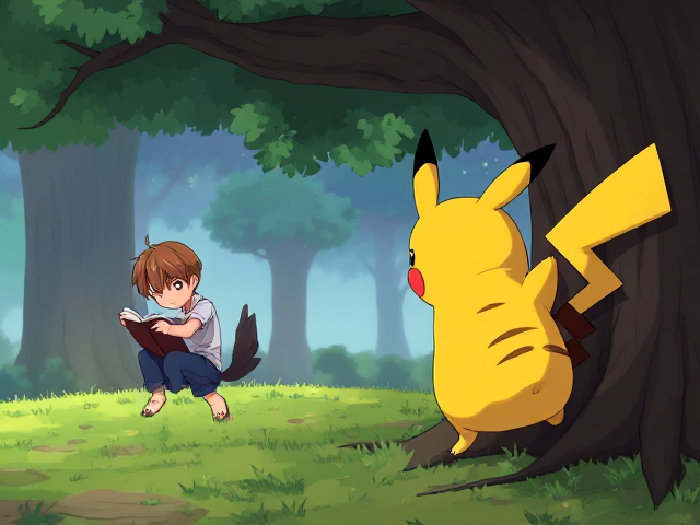 Un pikachu qui poursuit un garçon avec de cheveux longs et une queue de cheval à côté il y’a un garçon avec les cheveux courts ,brun et lisse qui lit un livre sur un arbre