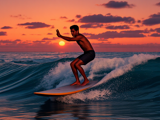 A person surfing on a longwave board in twilight at a nice beach doing the hang loose signs. Use only 3 colors.