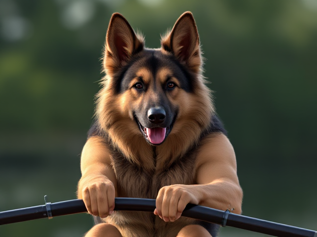 A anthropomorphic long haired German shepherd Olympic rower with a long torso