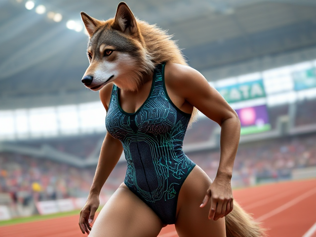 A detailed depiction of an anthropomorphic wolf with large hips, featuring sleek fur and expressive eyes, wearing a form-fitting sports swimsuit with intricate patterns resembling futuristic circuitry and vibrant colors like neon blue and electric green. The wolf is set against a dynamic athletic background, such as a bustling stadium or an energetic track field, emphasizing movement and energy through motion blur effects around the figure, capturing the essence of speed and agility