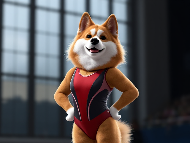 A anthropomorphic Newfoundland Olympic gymnast wearing a leotard
