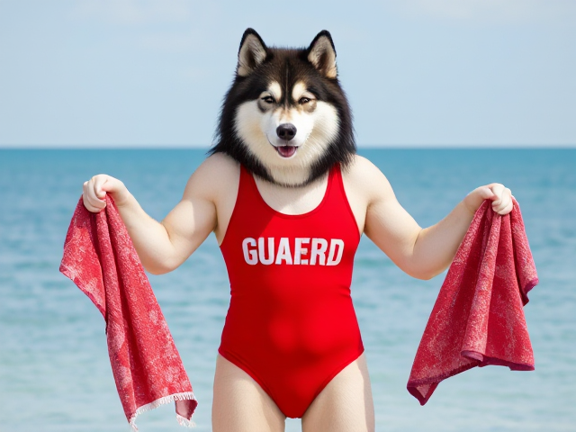 A anthropomorphic alaskan malamute  wearing a red lifeguard one piece swimsuit drying off with a towel