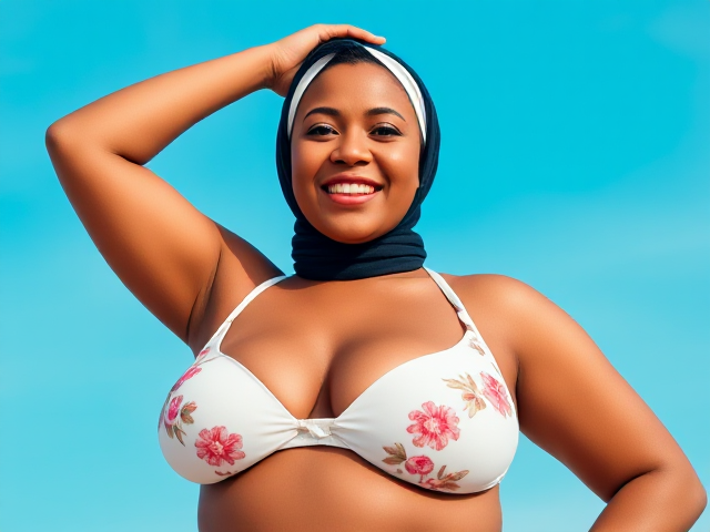 A confident and cheerful curvy older woman wearing a hijab on her head, posing under a bright blue sky. She wears a white floral-patterned bikini top that exposes her curvy cleavage, exuding a warm and relaxed summer vibe. The setting is outdoors, with soft natural light enhancing her vibrant and friendly expression.