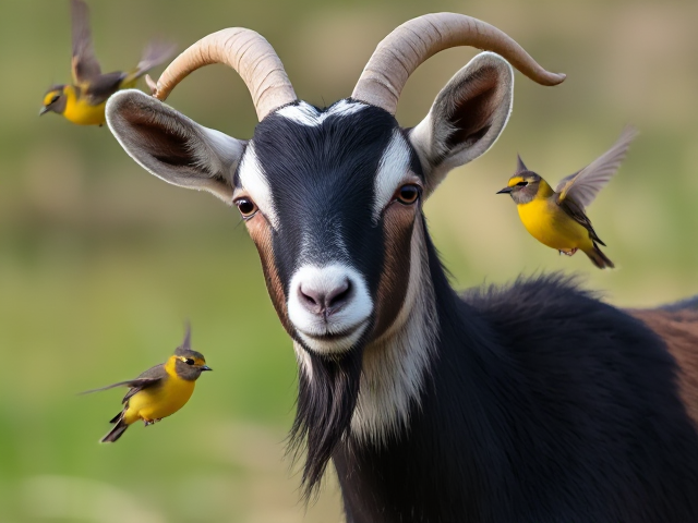 Create an image of a pygmy goat without horns with honeyeater birds flying around it